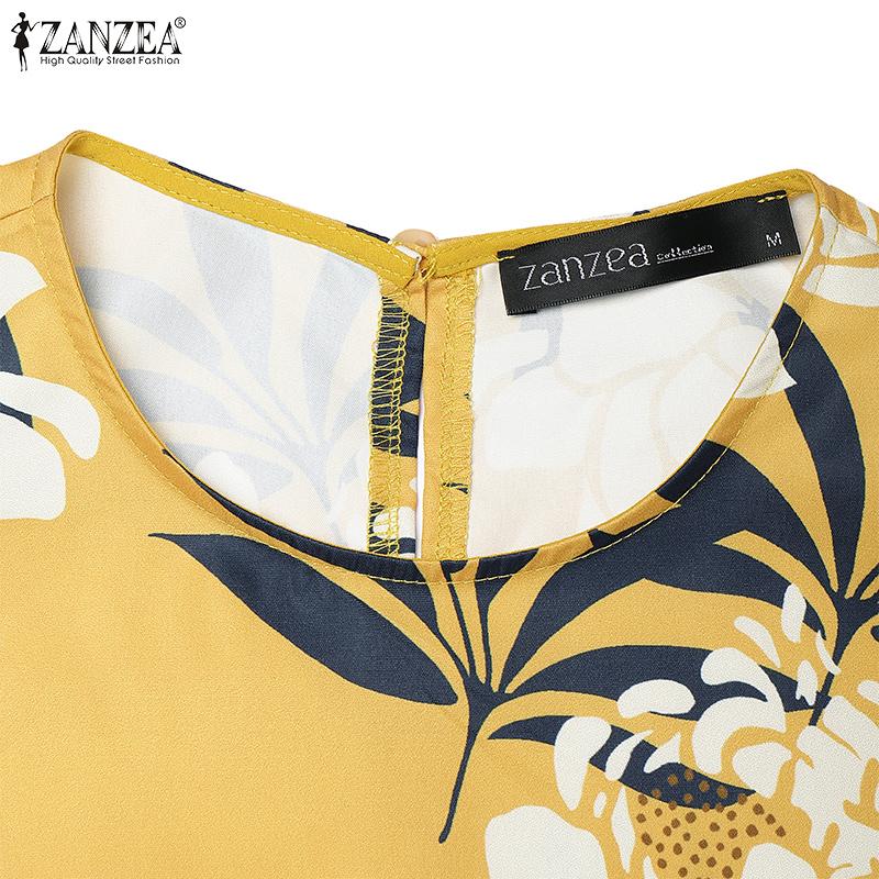 ZANZEA Women Casual Round Neck Sleeveless Print Patchwork Pleated Dress