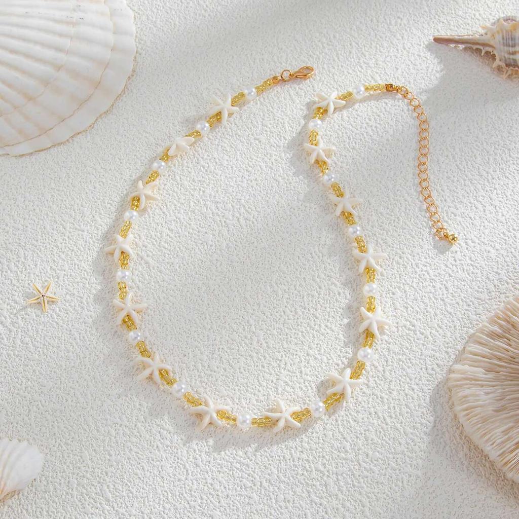 SHIXIN Boho Starfish Short Choker Necklace for Men Trendy Imitation Pearl Acrylic Beaded Necklace Male Summer Beach Neck Jewelry