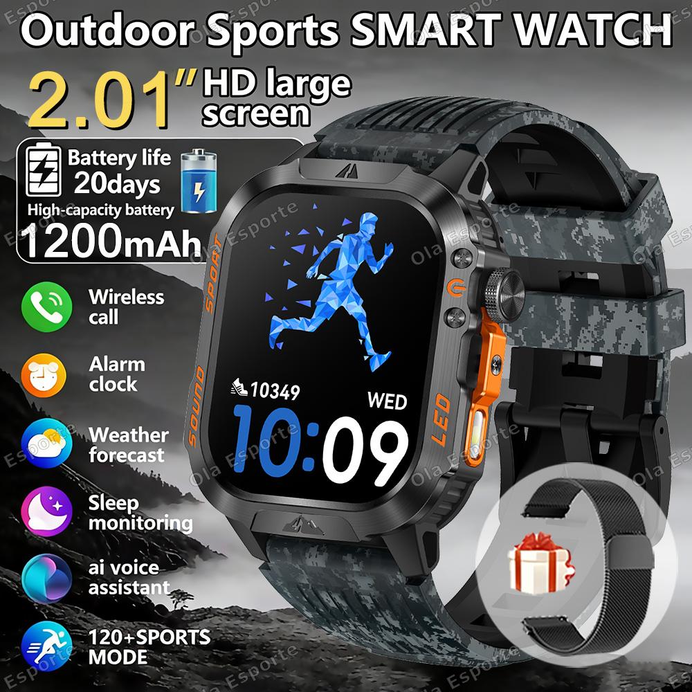 1200mAh Military Outdoor Smartwatch Men LED Flashlight Waterproof GPS Track Sports Watch 2.01-inch BT Call Smart Watch HT30