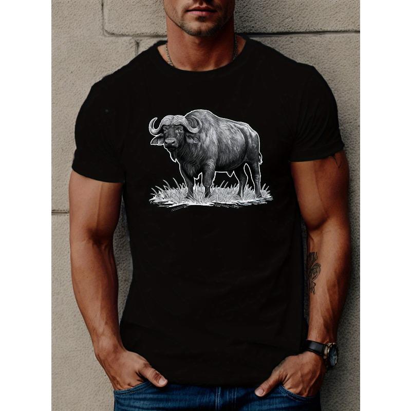 European Size Men'S Casual Summer T-Shirt with Geometric Buffalo Print, Round Neck, Knitted Polyester Fabric, Regular Fit - Breathable & Stretchy Top