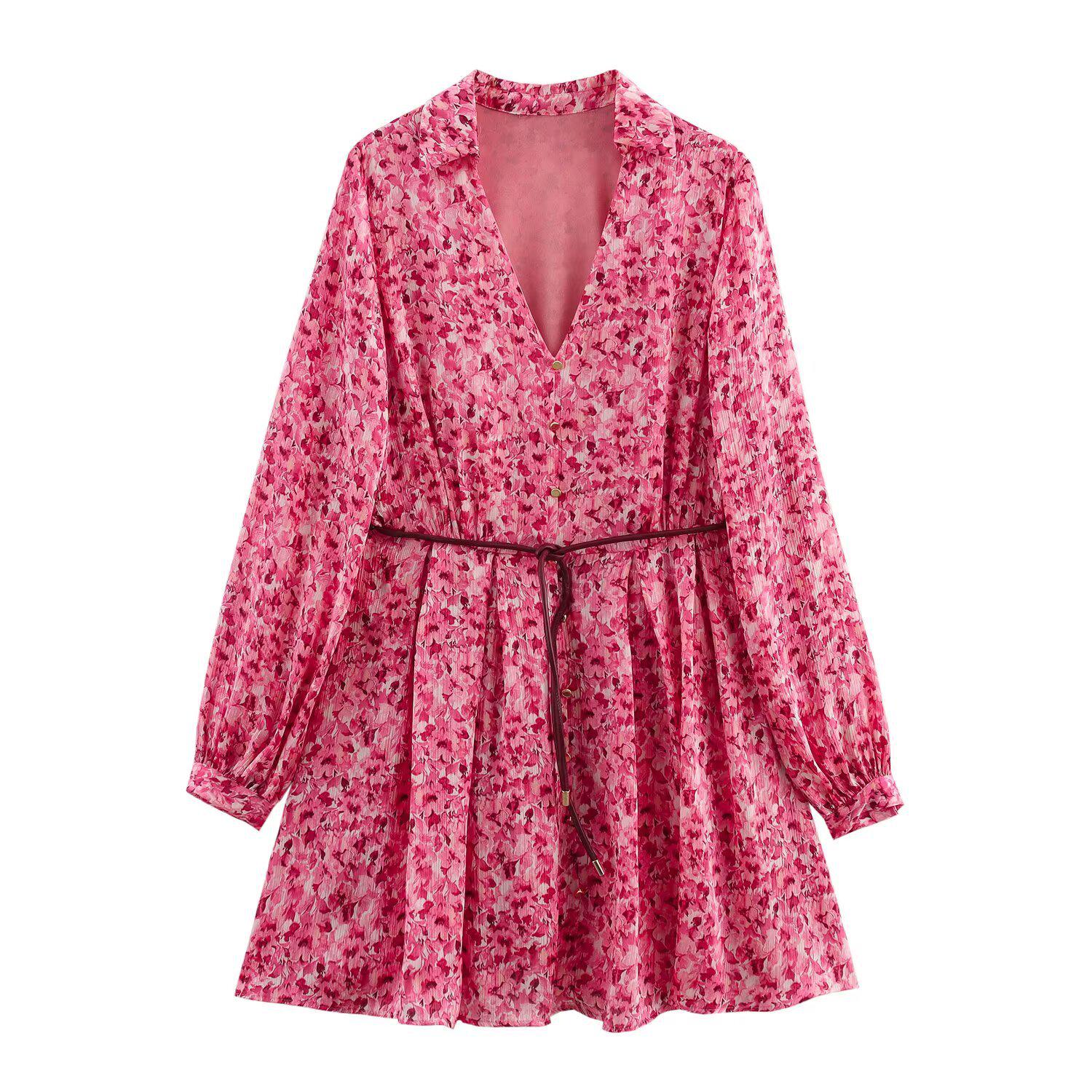 

2025 Spring/Summer Women s Casual Tie Waist Vacation Dress Extra Small фуксия