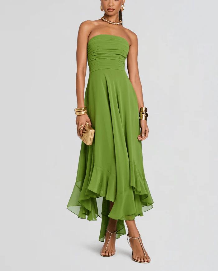 European and American Women s Ruffled Bandeau Slim Fit Dress with Irregular Hem XS зелёный