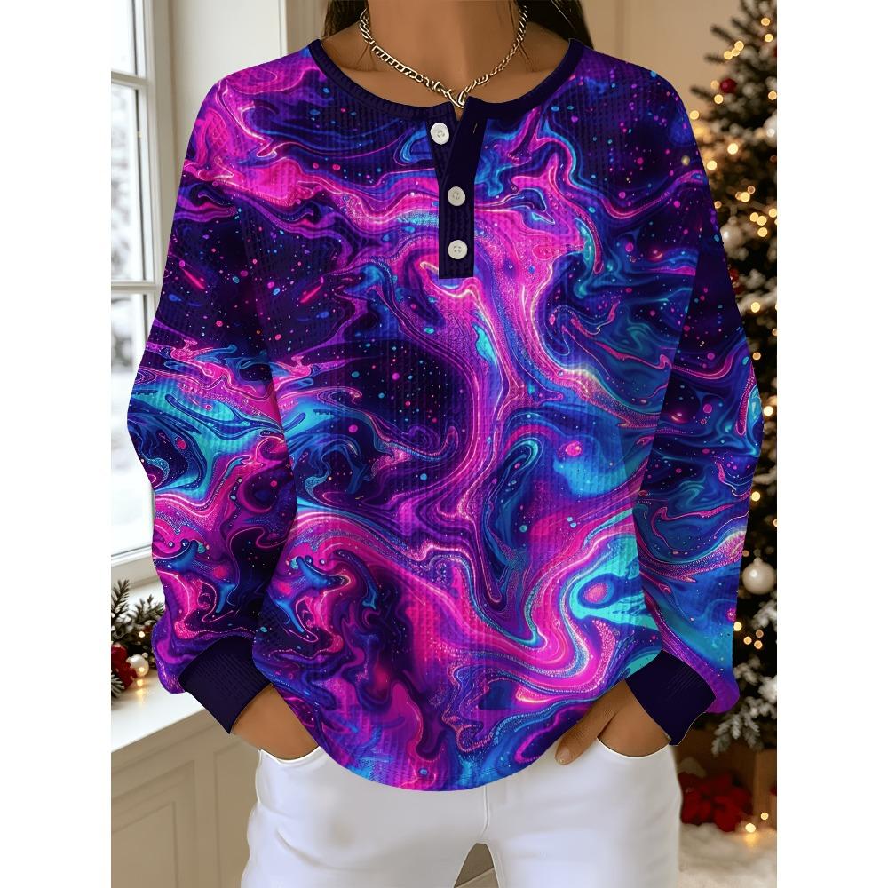 Women's Plus Size Sweatshirt with Colorful Starry Sky Fluid Print