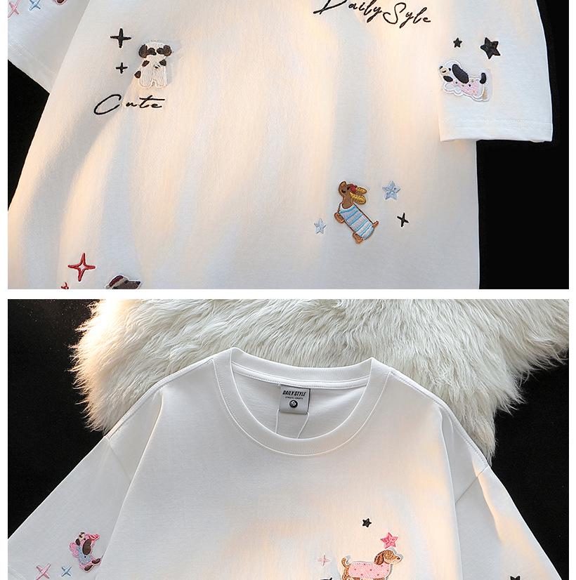 American Chic Embroidered Puppy Short-Sleeve Cotton T-Shirt for Women – Summer Loose Fit Cute Top