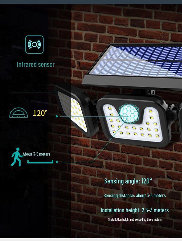 74-LED Outdoor Solar Sensor Light, Three-Head Rotatable, Waterproof for Wall, Road, Courtyard, Street Lighting