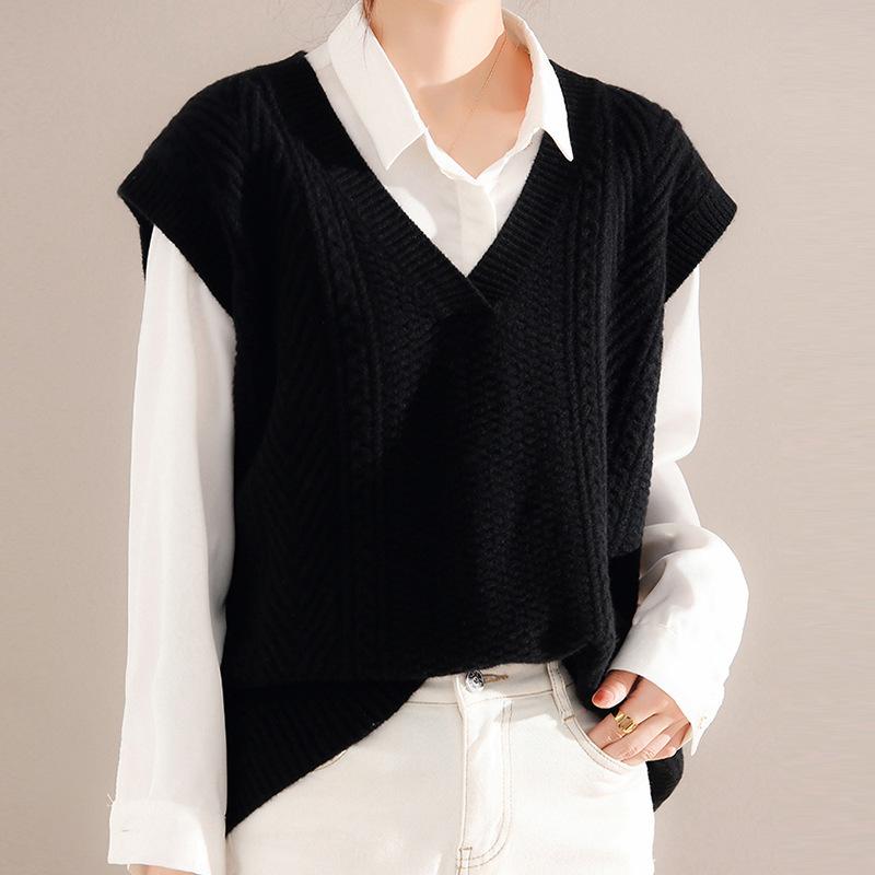 

Жилет, весна и осень вязаный женский корейский выпуск свитер с V-образным вырезом майка для женской шерстяной верхней одежды L чёрный