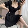Hepburn style little black dress women's summer new French retro square collar medium and long black bubble sleeve dress