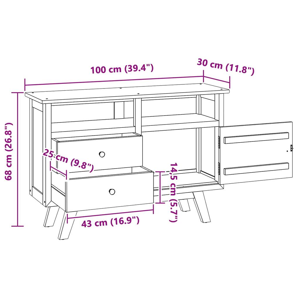 Teak Solid Wood Sideboard with Drawers Natural Finish 100 X 30 X 68 Cm