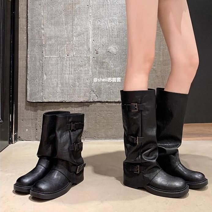 [Grape Mom same Spice Girl Pants Boots~ 6cm Height Increasing Buckle Mid Tube Western Knight Boots Women's Pile Short Boots