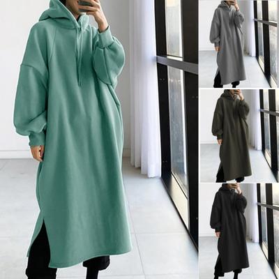 Mode Damen Oversized Hoodie Langes Kleid Verdicken Uni Langarm Herbst Winter Weiblich