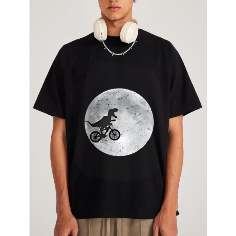 White T Shirt with Dinosaur Riding Bike on Moon Print Casual Summer Wear for Men and Women