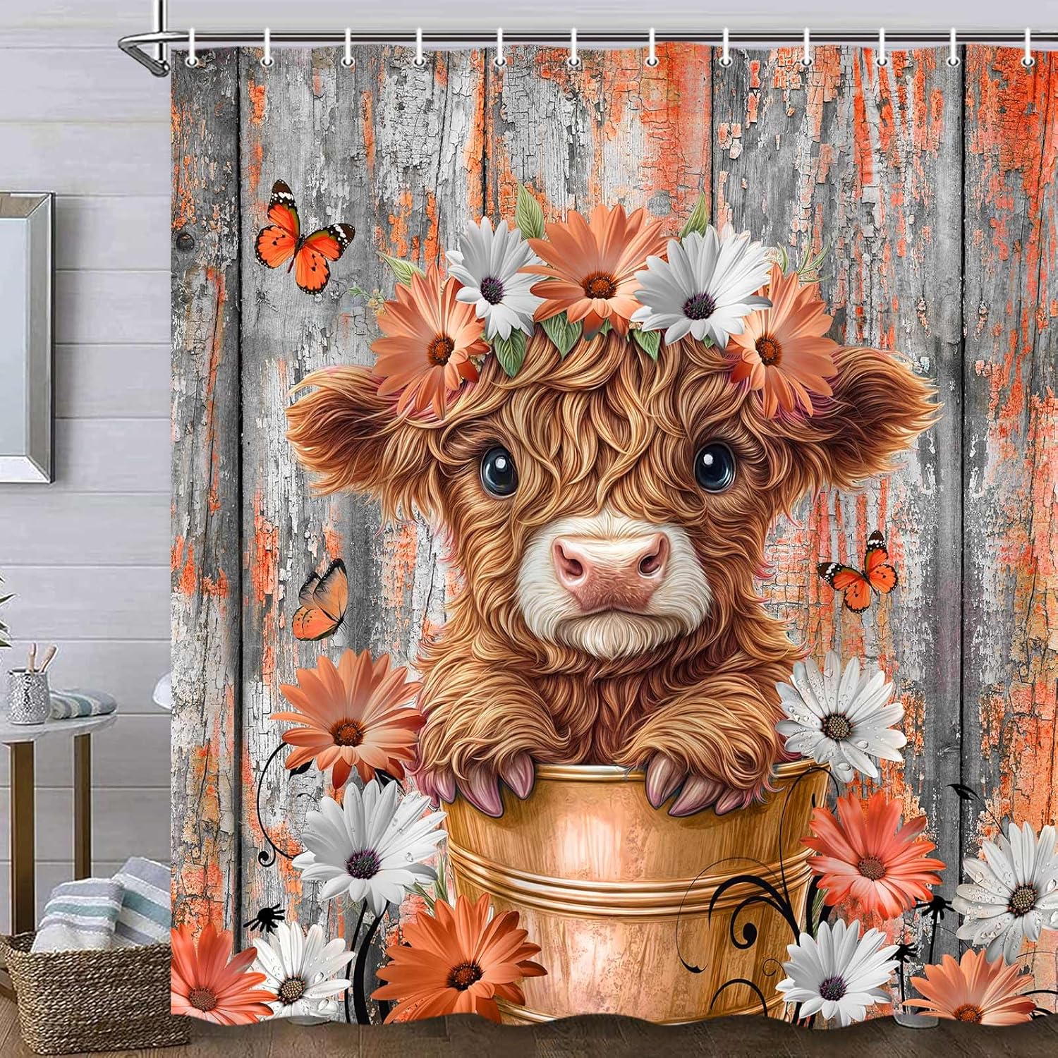 

Funny Highland Cow Shower Curtain for Bathroom Decor, Teal Farm Teal Daisy Floral Flowers and Butterfly on Country Wooden 90x180cm