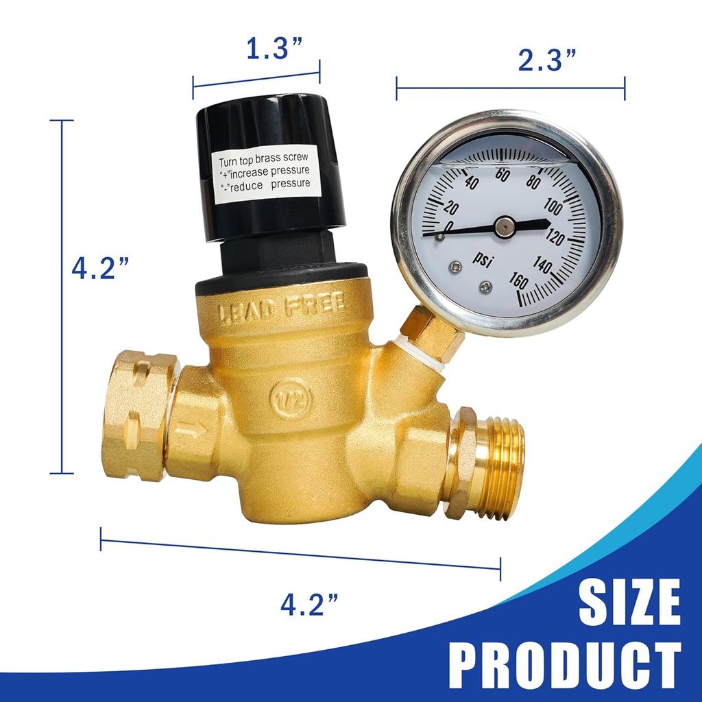 Hourleey RV Water Pressure Regulator, Adjustable Handle Brass Water Pressure Regulator, Water Pressure Reducer with Gauge and Inlet Screened Filter