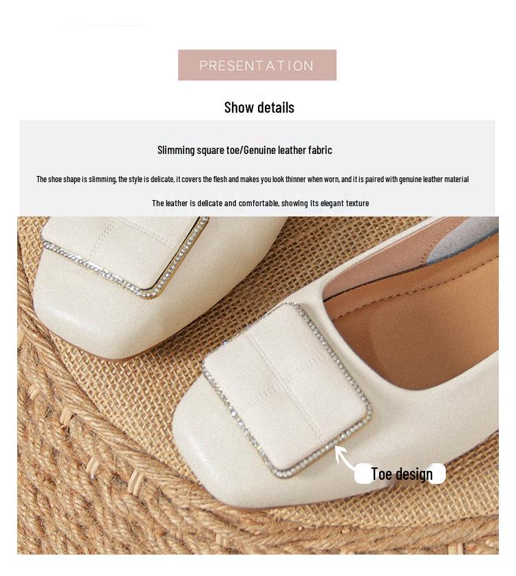 Spring 2025 Women's Genuine Leather Flats: Low-Cut, Versatile Chunky Heel, Plus Size 41-43, Ideal for Summer Work.