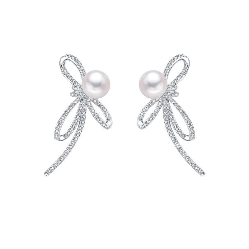 Korean Freshwater Pearl Butterfly Dance Stud Earrings for Women, S925 Sterling Silver S925 Silver