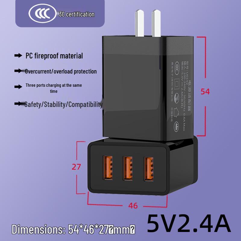 

Three-Port 12W 2.4A Adapter with Multi-USB Fast Charging and Colored Logo - 3C Certified Black