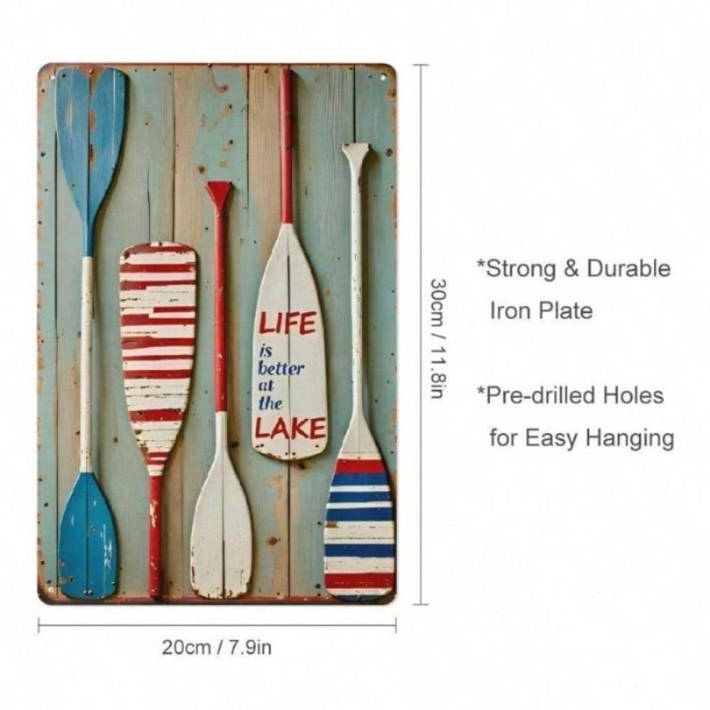 Rustic Lake Metal Wall Art Vintage Sign Paddle Design 12x8 Inches Cabin Decor