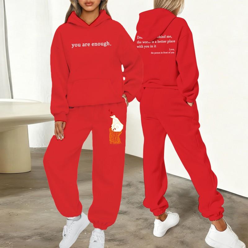 Womens Printed Letter Hooded Sweatshirt Jogger Pants Set Winter Casual Sportswear Outfit