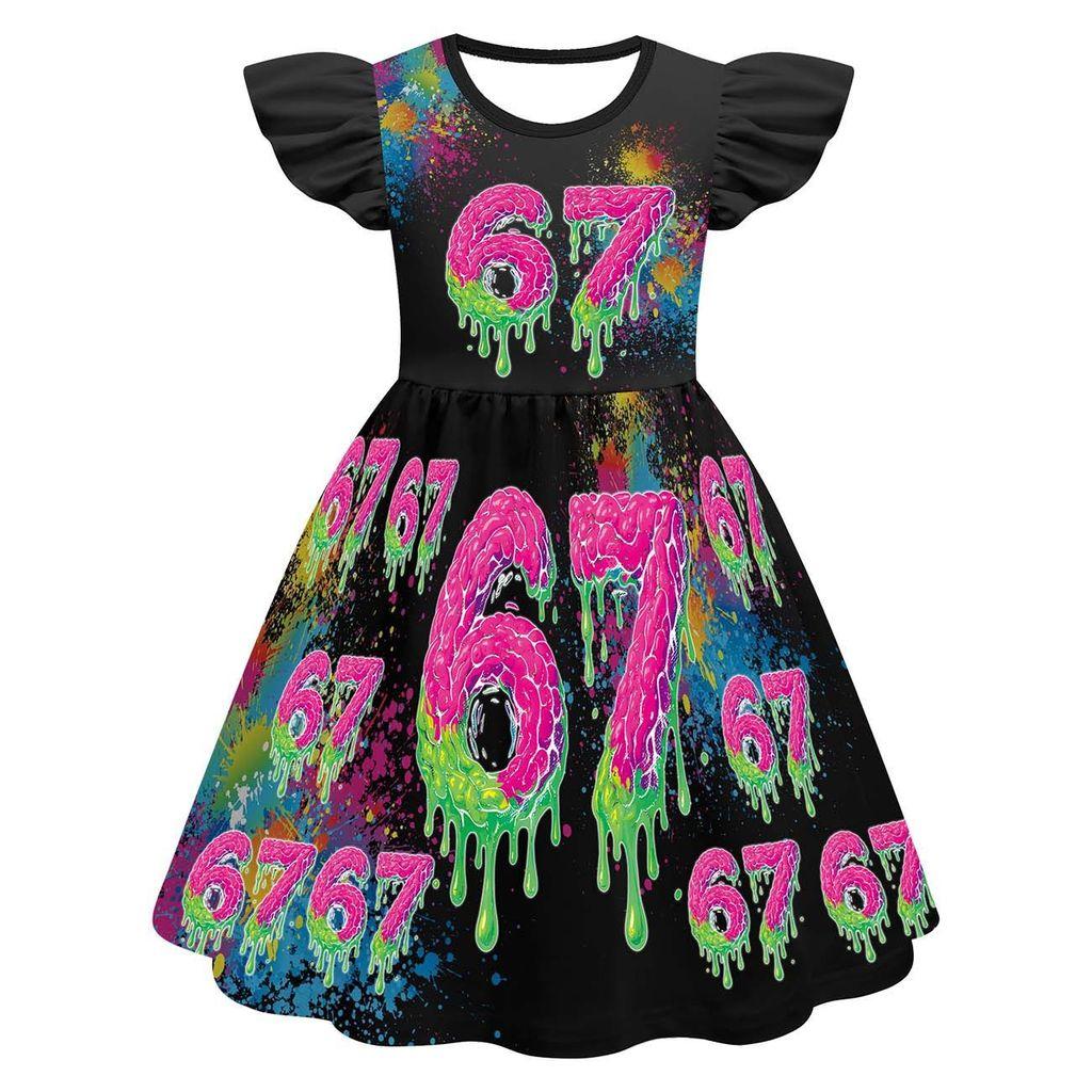 82886 Kids Girls Steal a Brainrot 67 Print Ruffle Sleeveless Princess Dress