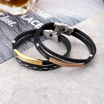 Herren Trendiges Titanstahl & Leder Geflochtenes Armband - Graviertes und Vielseitiges High-End Schmuckstück.
