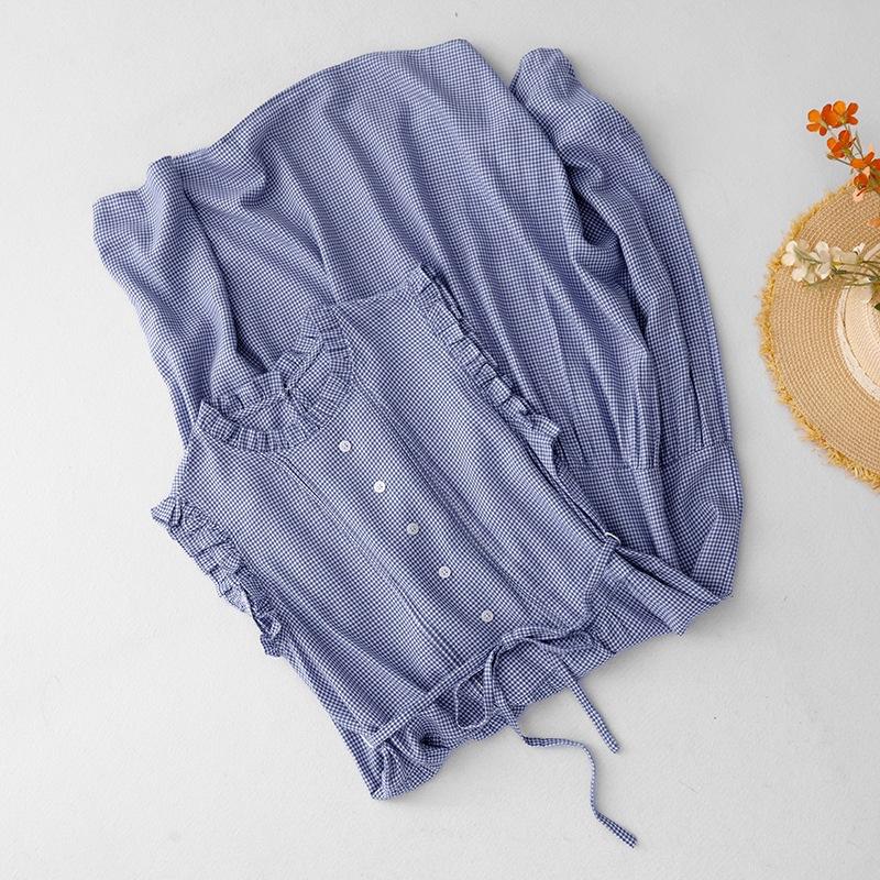 2025 Spring and Summer New Blue Plaid Lace Sleeveless Long Dress Women's Lace-up Waist Temperament Long Dress