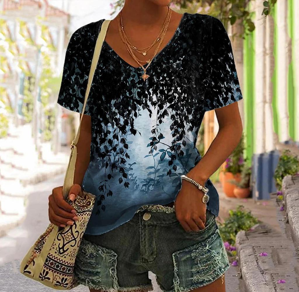 S-8XL Plus Size Women T Shirt 3d Flower Print V-neck Short Sleeve Tees Tops Summer Fashion Pullover T-shirts For Women Clothing