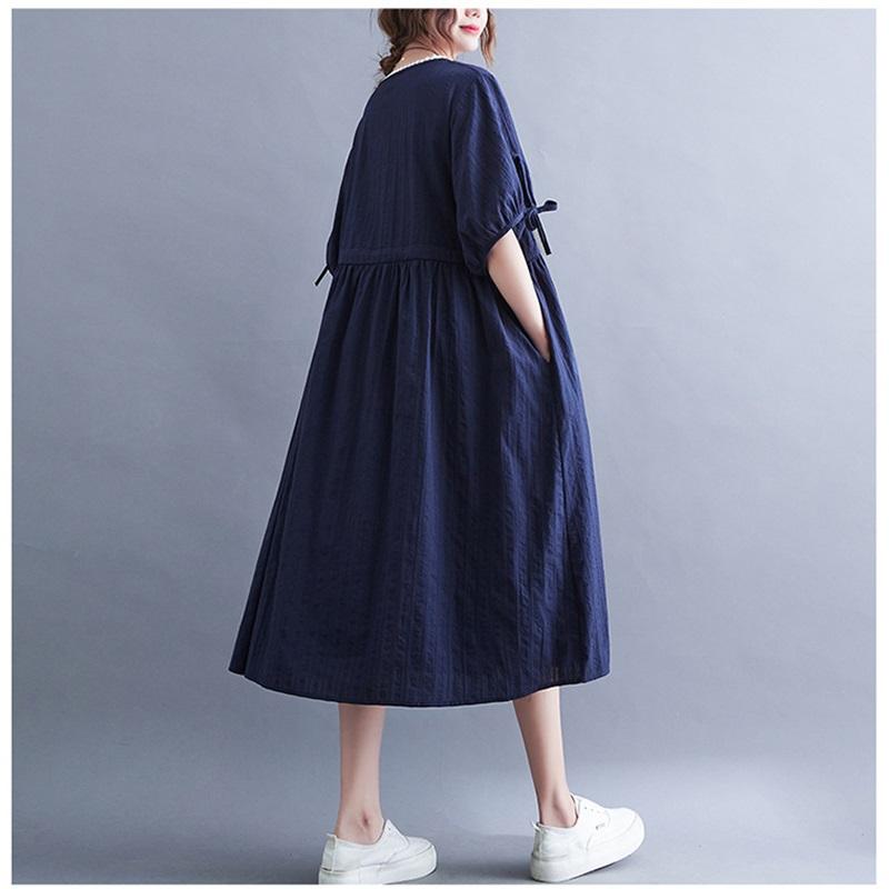 Long Dress Women Linen Large Size Loose Summer Solid Color Short-sleeved Dress Knee-length Thin Large Swing Dress