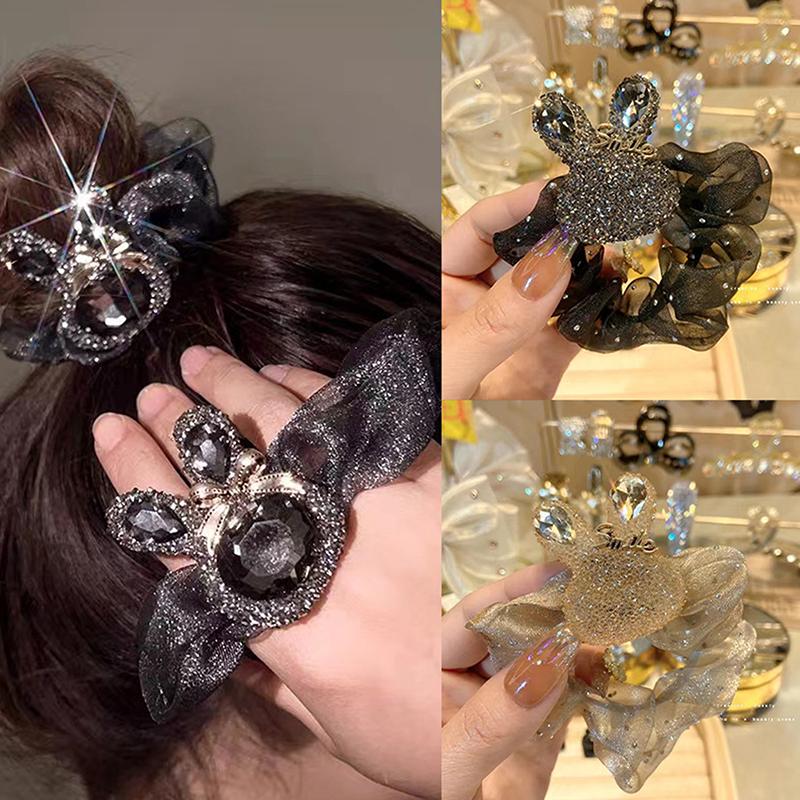 Fashion Rhinestone Rabbit Organza Scrunchies Women Hair Rope Retro Ponytail Holder Hair Band Elastic Hair Tie