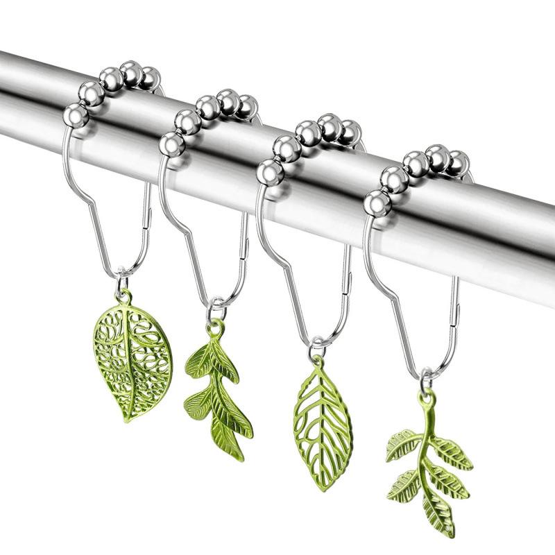 

4pcs Elegant Green Leaf Shower Curtain Hooks - Rustproof Stainless Steel with Decorative Plant Pendant Waterproof Bathroom Rod Accessories