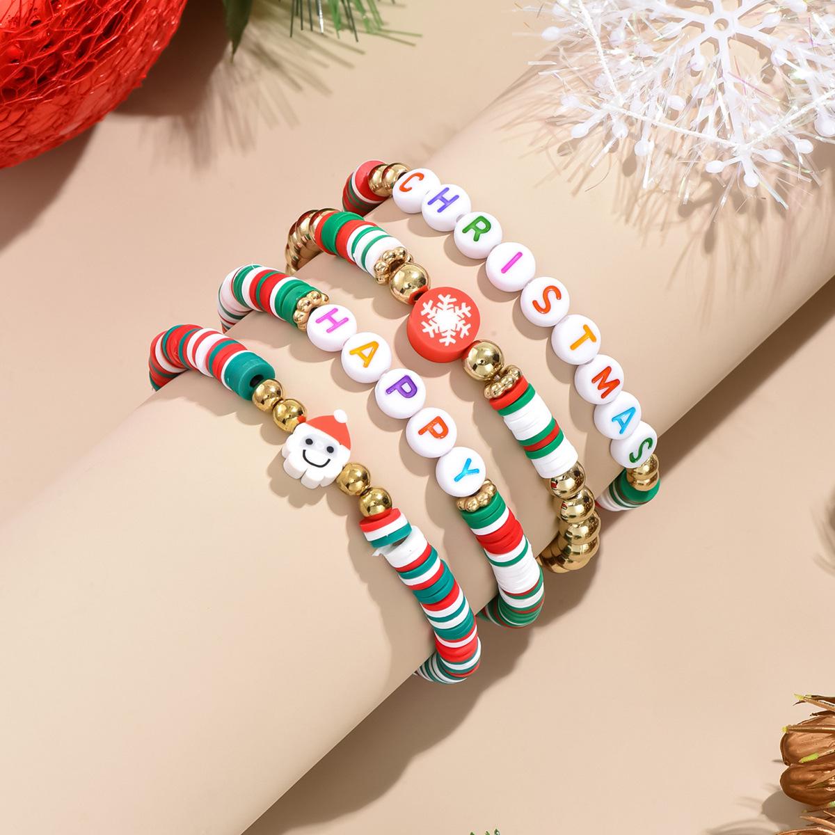 

European-American Snowman Beaded Bracelet Set: Versatile Polymer Clay Christmas Jewelry Gift