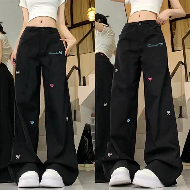 Women's High Waist Wide Leg Jeans with Colorful Bow Embroidery Vintage Washed Denim Trousers