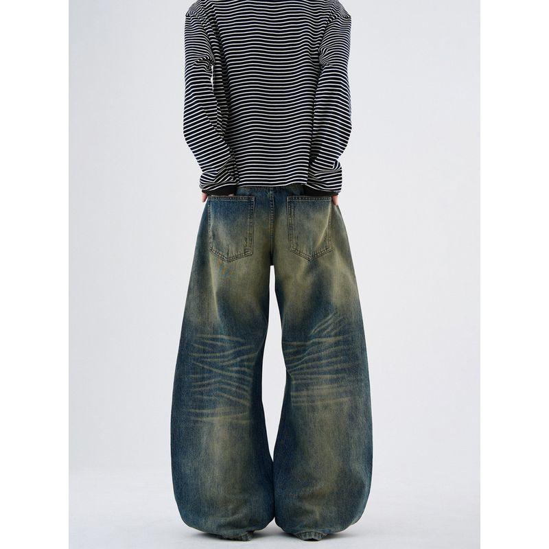 Kisko American Retro Washed Distressed Yellow Mud Curved Knife Jeans Unisex Design Loose Straight Pants Trendy