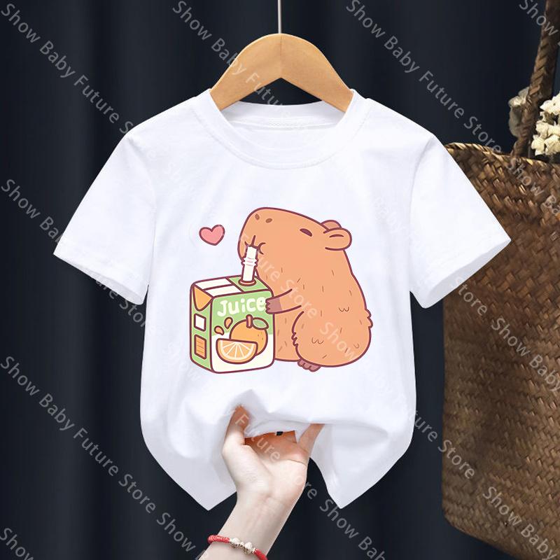 Capybara T Shirt for Boys Girls Tee Round Neck Top Black White Clothes Cartoon Short Sleeve Summer Clothing Gift Soft Breathable