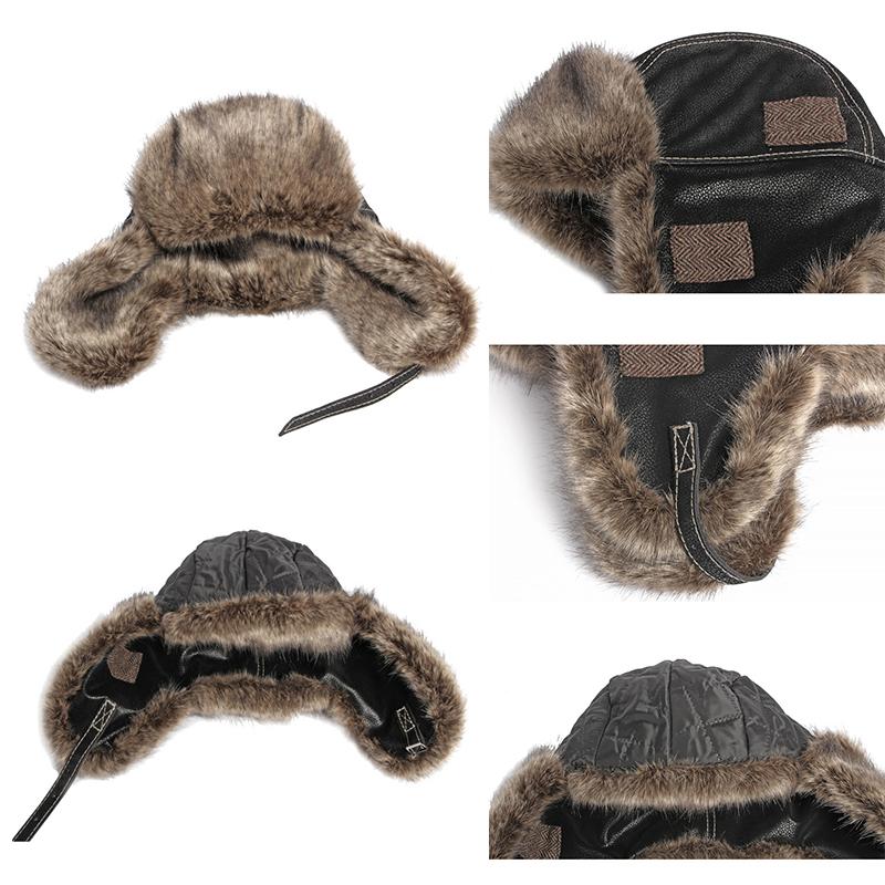 Winter Men's Trendy PU Retro Lei Feng Hat Women's Plush Thickened Warm Ear Protection Outdoor Hiking Cycling Skiing Pilot Hat