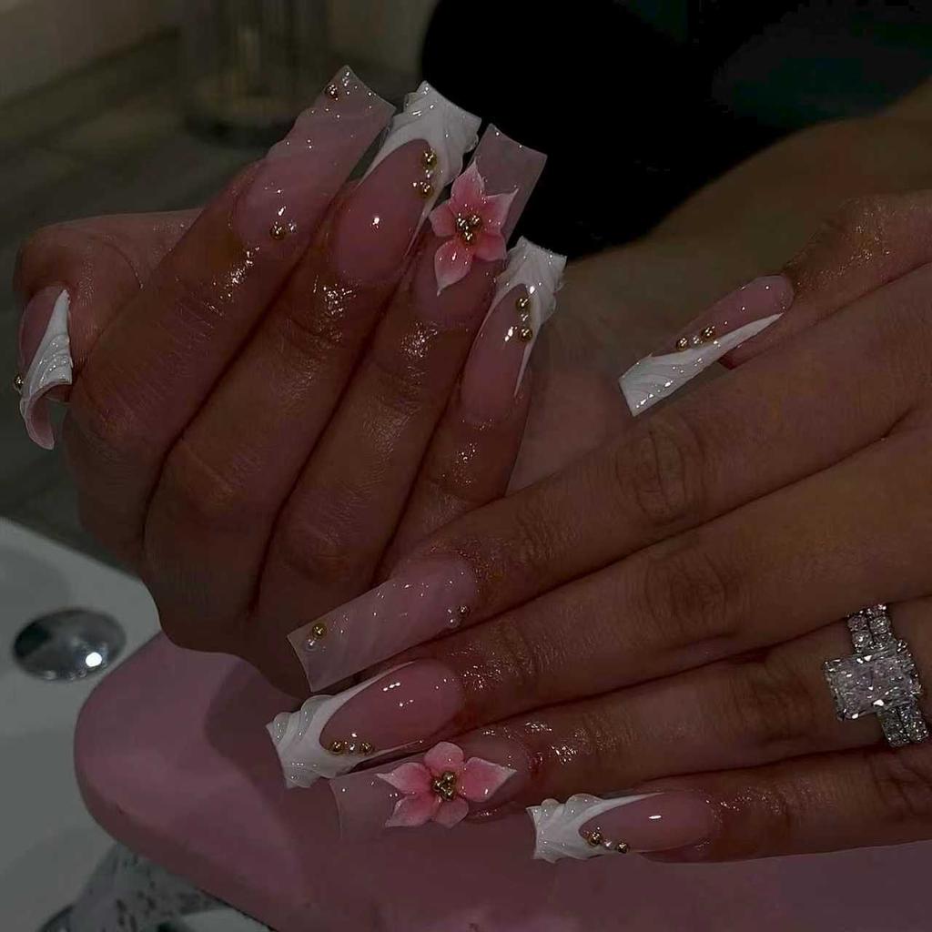 24Pcs Green French Fake Nails With Diamond Gold Butterfly Elegant Long Square Acrylic Artificial Press On Nails