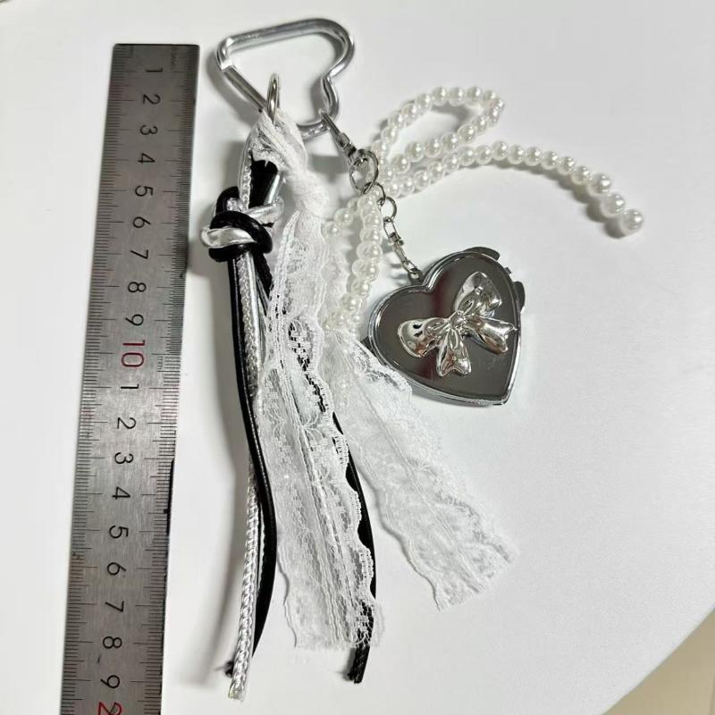 Y2K Mode Perlen Schleife Silber Herz Spiegel Schlüsselanhänger Anhänger Mode Exquisit Girly Schlüsselanhänger Tasche Anhänger Für Mädchen Geschenk