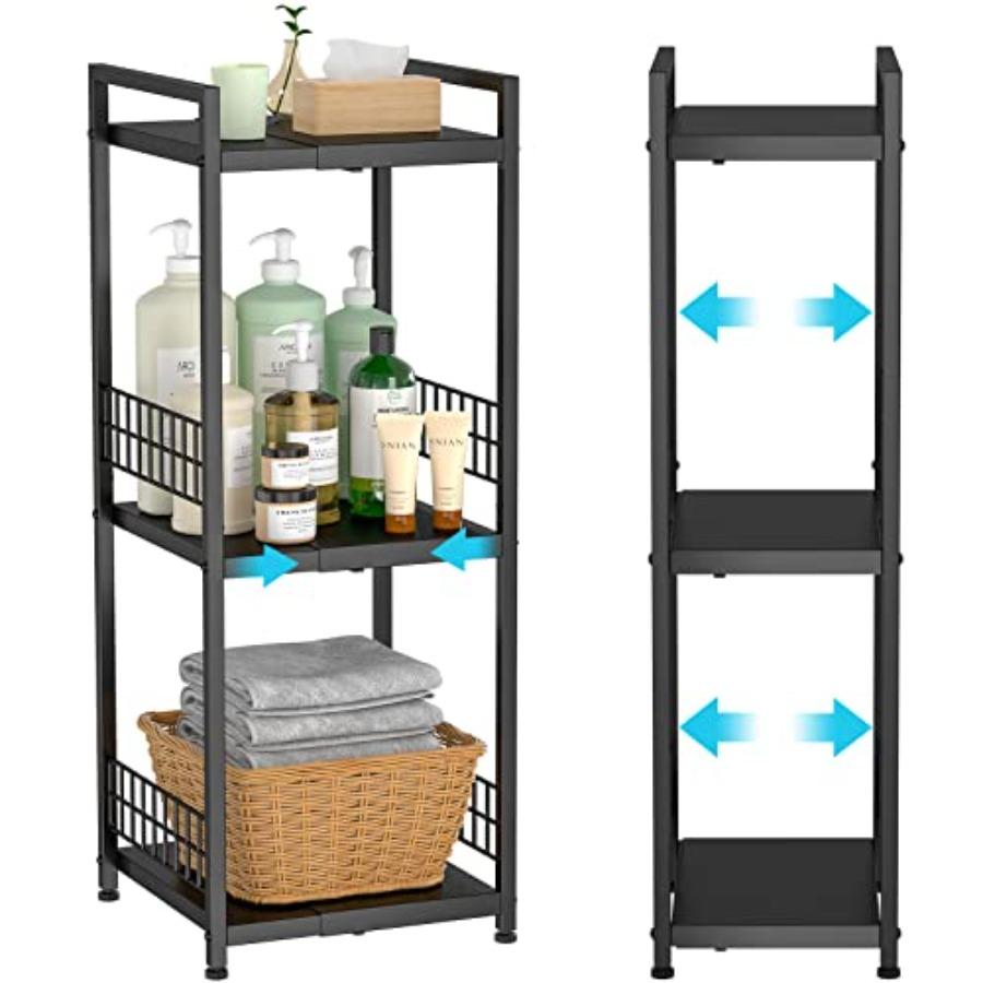 

3-Tier Metal Shelving Unit Expandable Free-Standing Narrow Open Floor Shelves in Silver for Bathroom Kitchen Laundry Storage Or United States