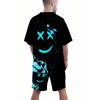 Summer Men's T-shirt Cartoon Printed Pattern Breathable Lightweight Polyester Sleeved Shorts Set