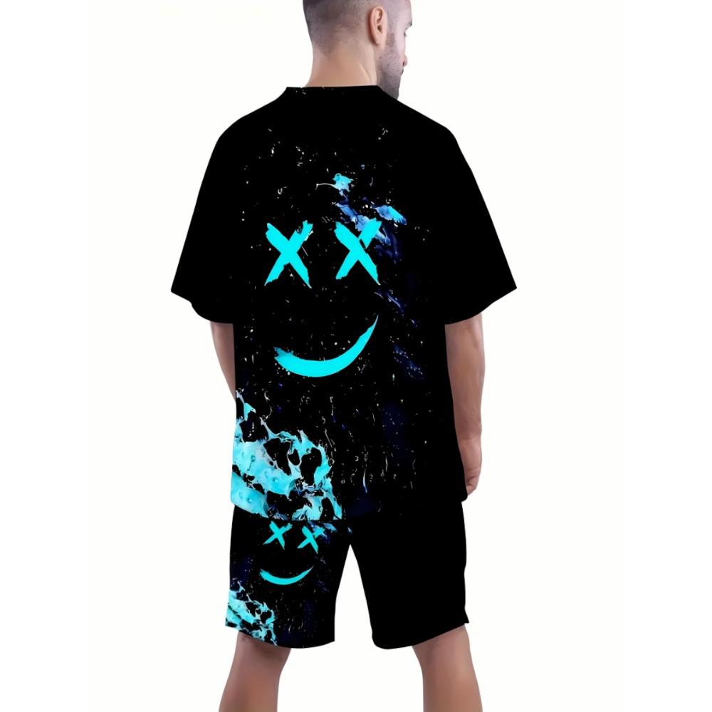 Summer Men's T-shirt Cartoon Printed Pattern Breathable Lightweight Polyester Sleeved Shorts Set
