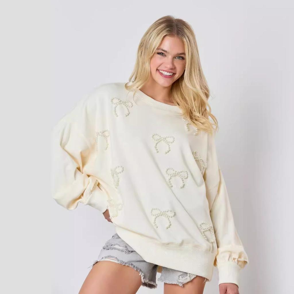 Autumn and Winter New Women's Clothing Pearl Bow Decorative Long-sleeved Top Casual Sweater