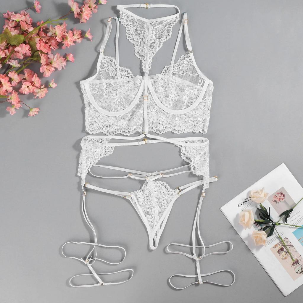 Porn Women Sexy Lingerie Lace Underwear Halter Bodysuit Garter Intimate Erotic Babydolls Sex Costumes Bra Set