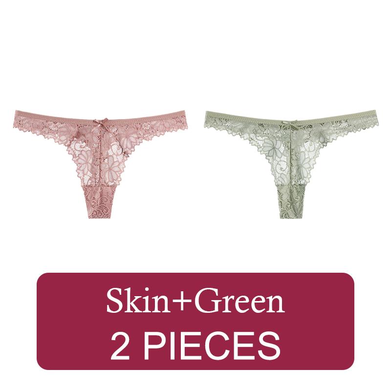 2 Pcs Sexy Lace Thong Low Waist Lace Transparent Panties Women Hollow Out Breathable G String Briefs Bow Underwear Lingerie