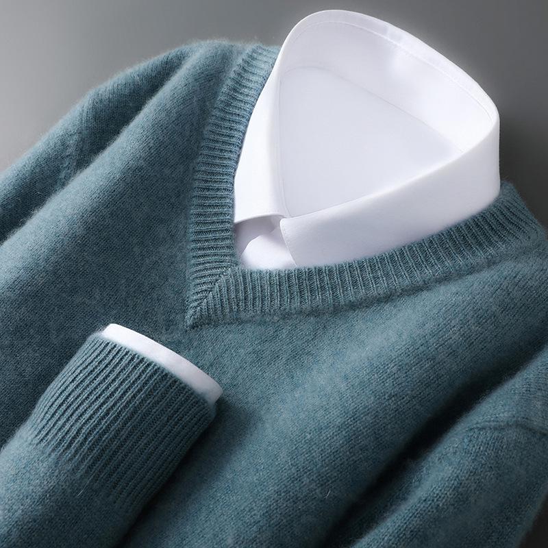 Men's 100% Pure Wool V-neck Thick Warm Business Casual Sweater