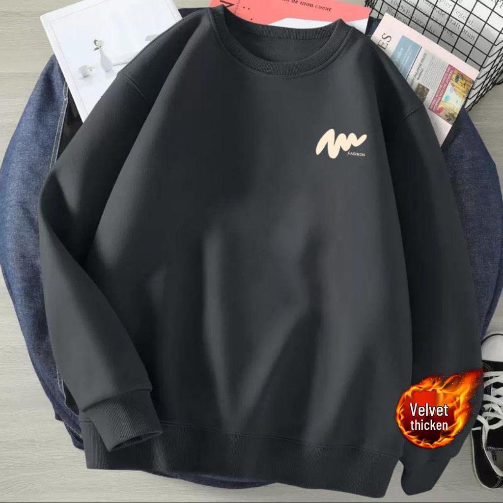 Men's Autumn Crew Neck Heavyweight Fleece-Lined Sweatshirt - Loose Streetwear Style for Couples