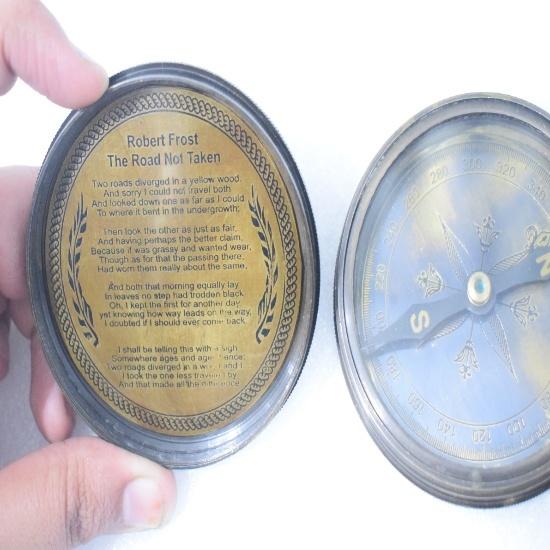 Vintage Brass Pocket Transit Compass – 6.35 cm Engraved Replica with Robert Frost Poem