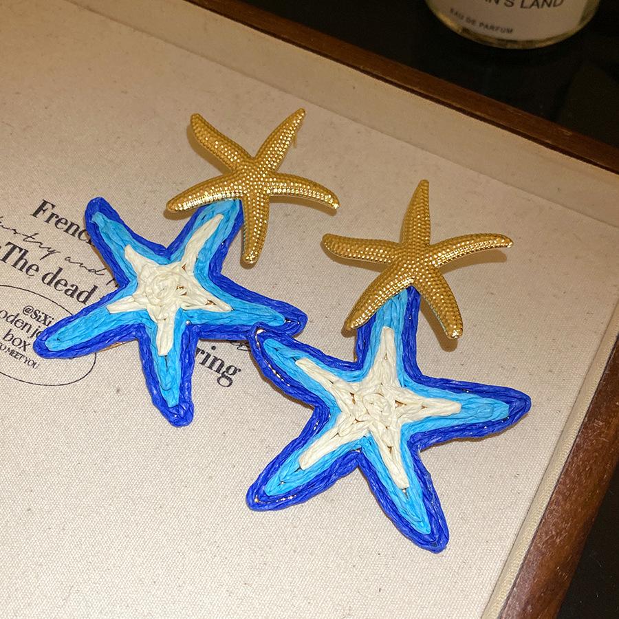 

Silver Needle Lafite Stars Blue Straw Starfish Earrings Women s Handmade Earrings Seaside Holiday Wind Ear Jewelry