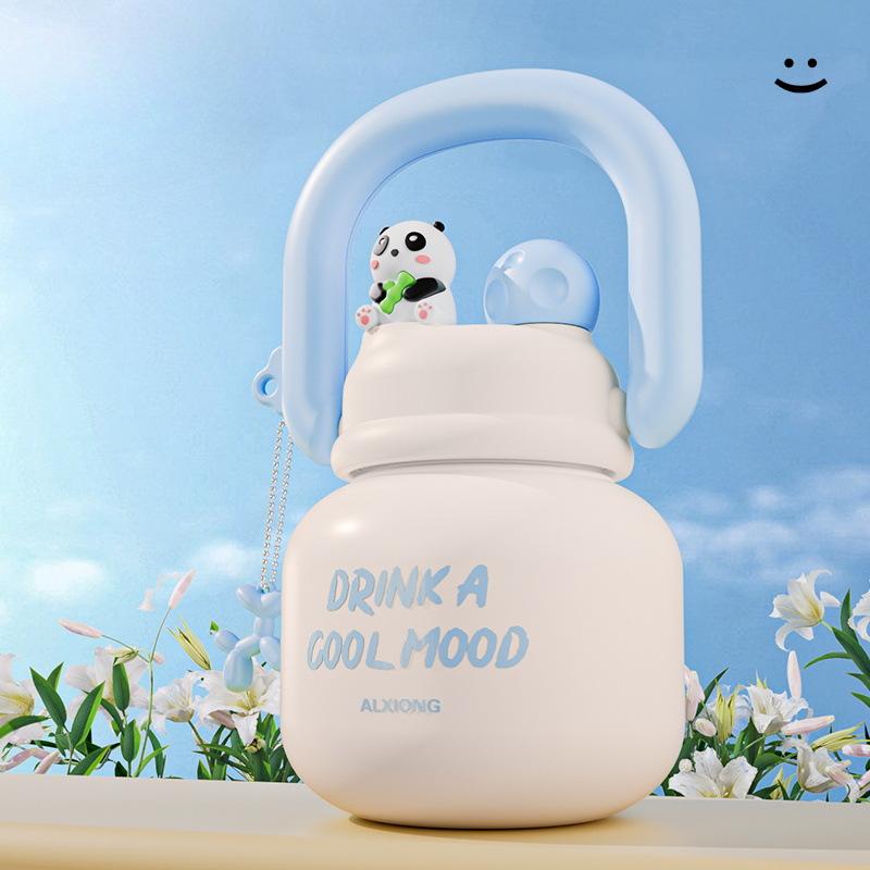 New Large Capacity with Straw Carrying Pot Stainless Steel Double-layer Vacuum Thermos Cup High Appearance Horizontal Hand Cup