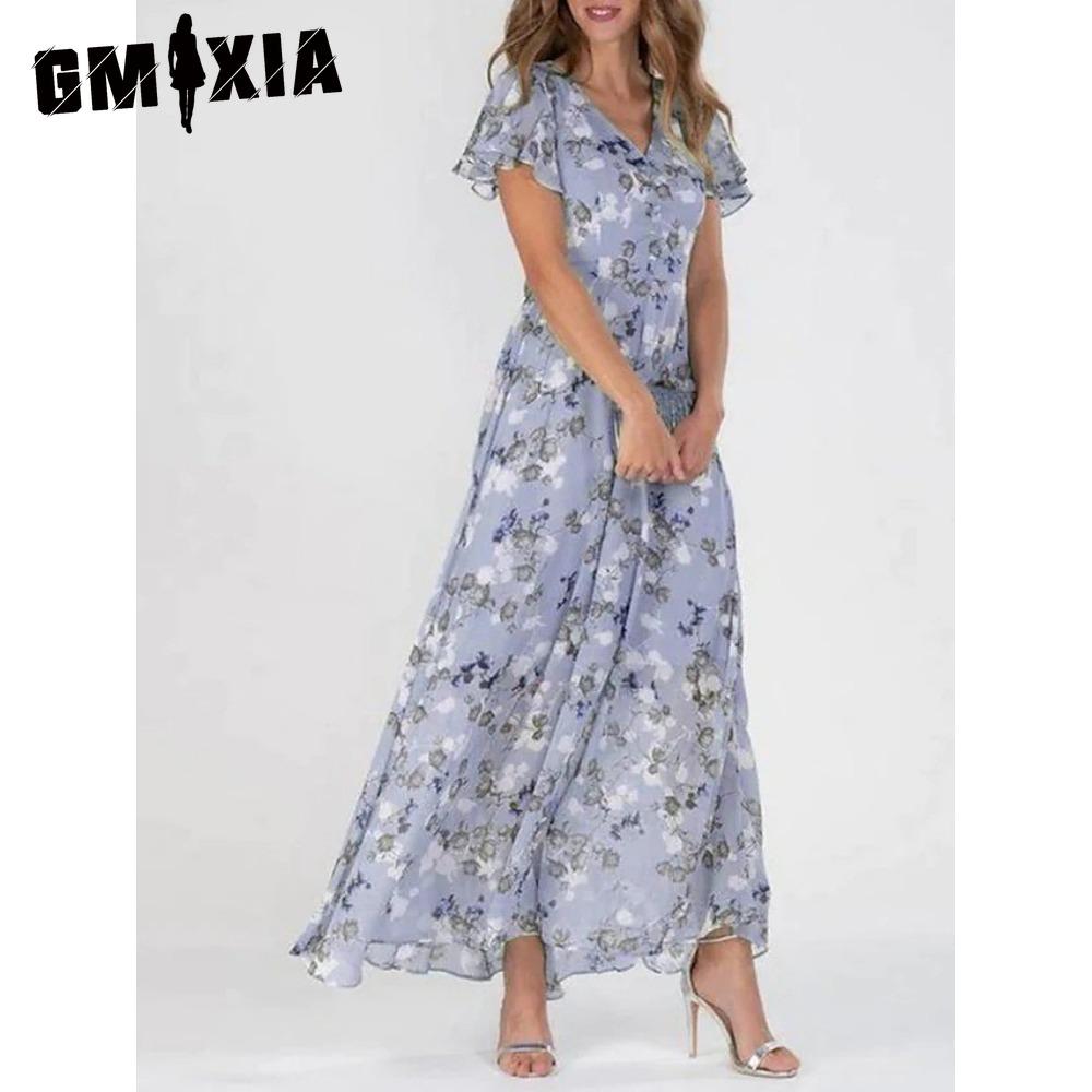 GMXIA 6 Color V-neck Ruffle Maxi Dress Short Sleeves Fitted Waist High Waist Flowy Hem Cute Floral Chiffon Dress Women Clothing