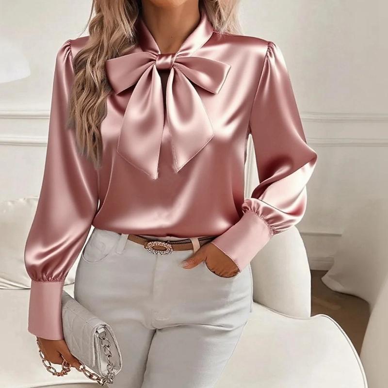 Damen Satinshirt mit Schleifenkragen und langen Ärmeln