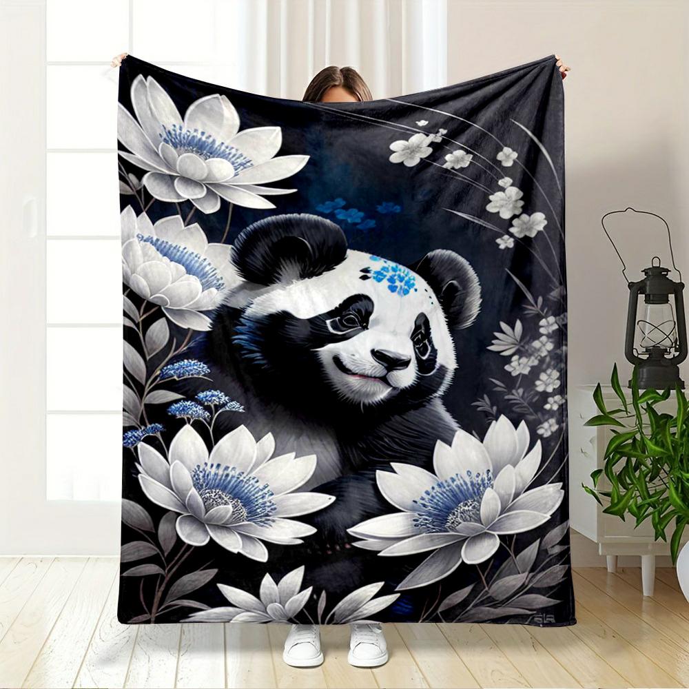 Cute Panda Surrounded by White Flowers Flannel Blanket for Bedroom, Living Room, Sofa, and Nap Sofas